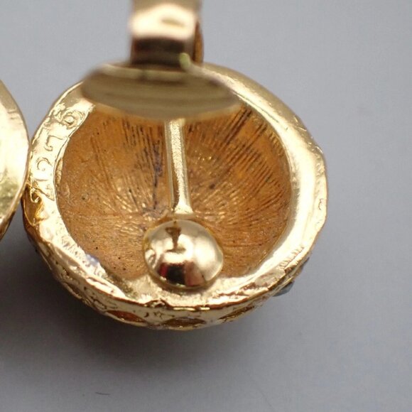 CHANEL CC Logo Rhinestone Round Button Earrings Clip-On Gold Vintage - Picture 15 of 16